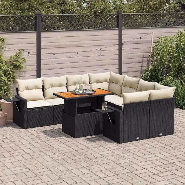 Set di divani da giardino vidaXL 9 pezzi in polyrattan nero con cuscini e struttura in legno di acacia oliato