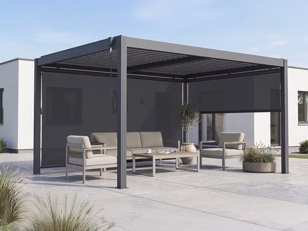 Pergola bioclimatica Windsor Premium Habitat et Jardin in alluminio con LED e 2 tende, L: 4 m, P: 3 m, Grigio – 2