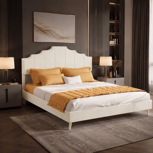 Letto imbottito Mivray con testiera geometrica e rete a doghe in metallo, colore beige, L/P/H: 140 x 200 cm