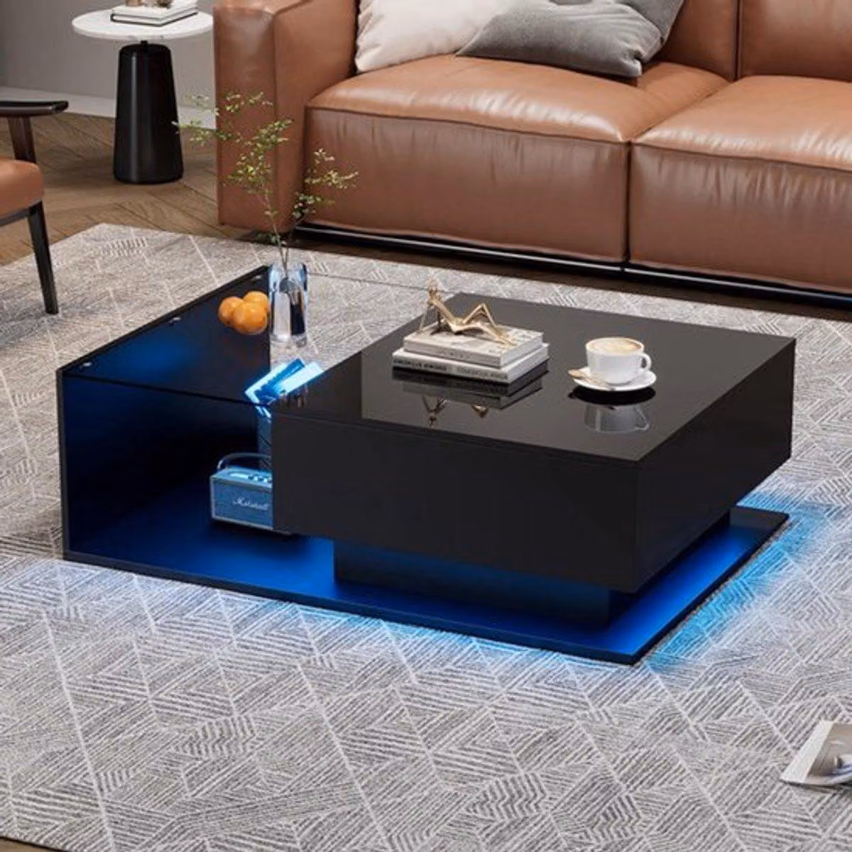 Tavolino da salotto nero lucido - Piano in vetro - Con illuminazione LED - 100x50x32 cm - Con cassetto