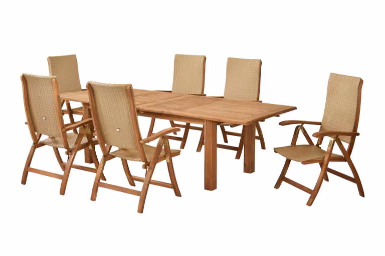 Set di mobili da giardino Merxx Capri 7 pezzi, 6 sedie pieghevoli, tavolo allungabile doppio 180 (220/260) x 100 cm - Acacia/intreccio sintetico