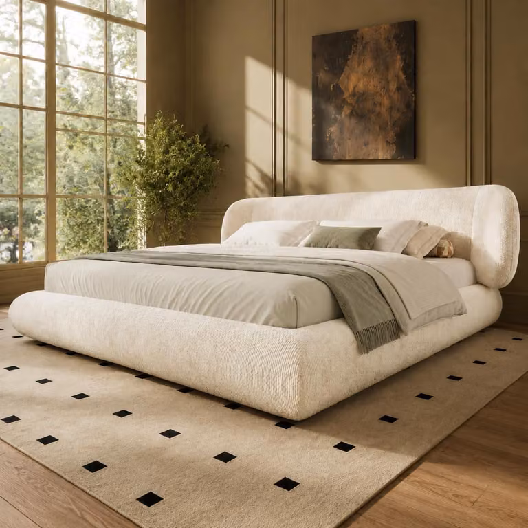 Letto matrimoniale MODFU 160x200, imbottito con rivestimento in velluto, struttura per letto a una piazza con testiera imbottita e rete a doghe, senza materasso, color beige