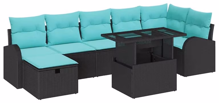 Set da giardino composto da 8 pezzi, colore nero, realizzato in rattan sintetico