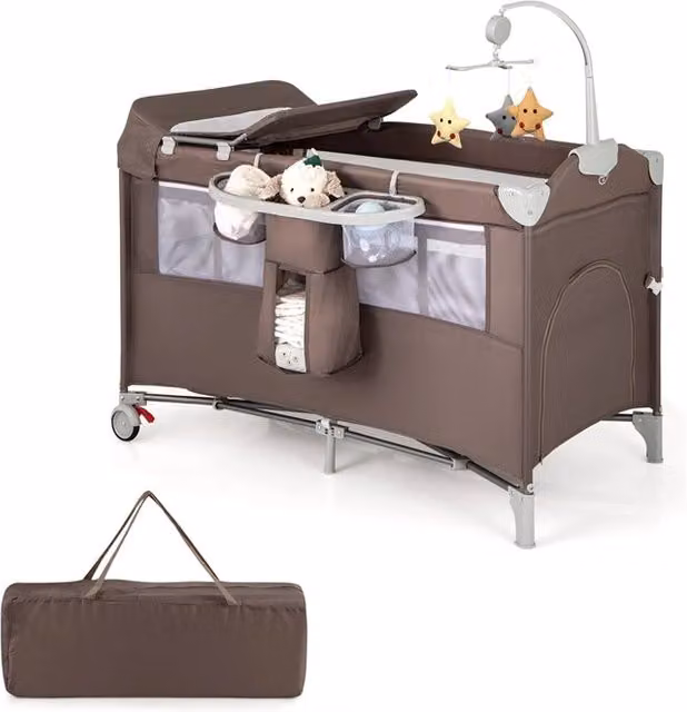 Lettino multiuso 5 in 1 Design Mania con materasso, fasciatoio, carillon e giocattoli, colore marrone