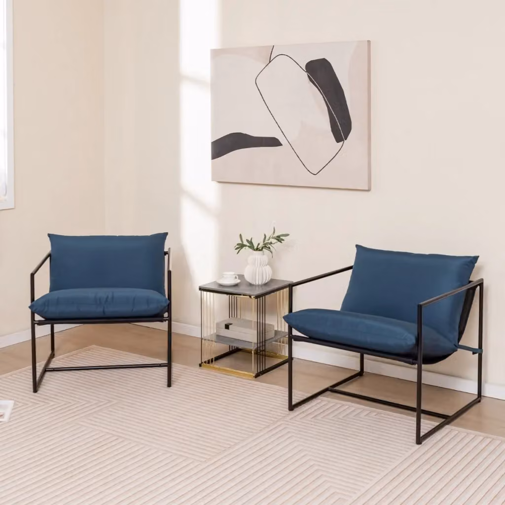 Set di 2 sedie a sdraio sling moderne con cuscini e braccioli, telaio in acciaio verniciato blu scuro per giardino e balcone – 2
