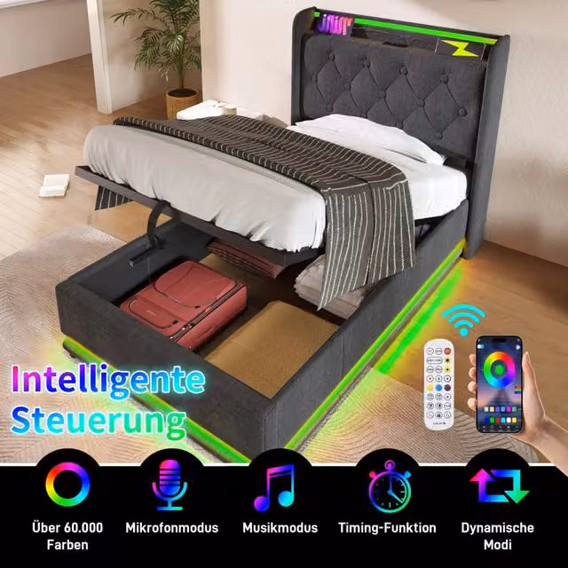 Letto contenitore singolo OKWISH in lino grigio con illuminazione LED, porte USB e Type-C, testiera imbottita e base a sollevamento, L/P/H: 90 x 200 cm – 1
