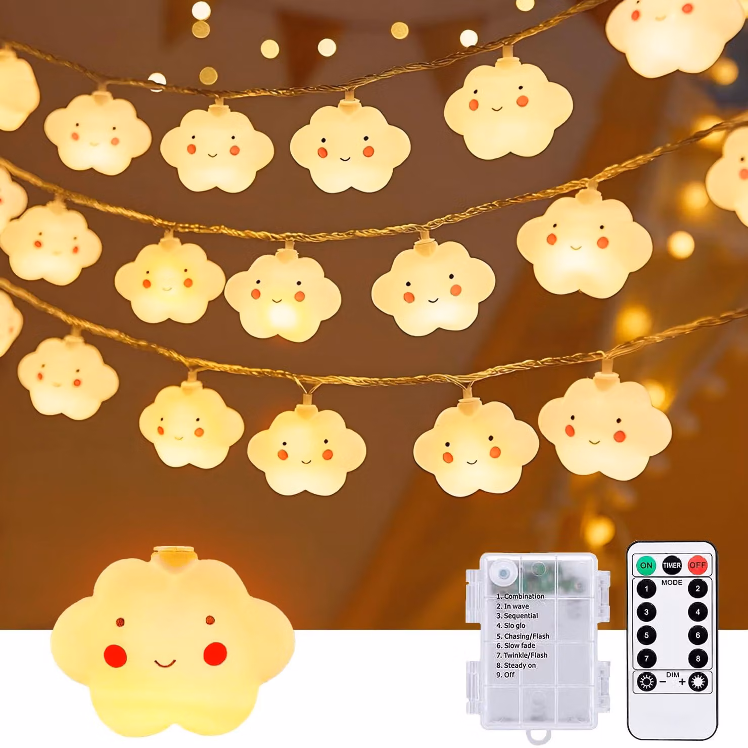 Catena luminosa a LED con 20 lampadine bianco caldo, lunghezza 3 metri, alimentazione a batteria