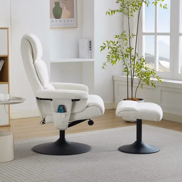Poltrona relax MIVRAY con massaggio a 5 punti, riscaldamento e poggiapiedi in chenille bianca L: 100 cm, P: 75,5 cm, H: 77 cm