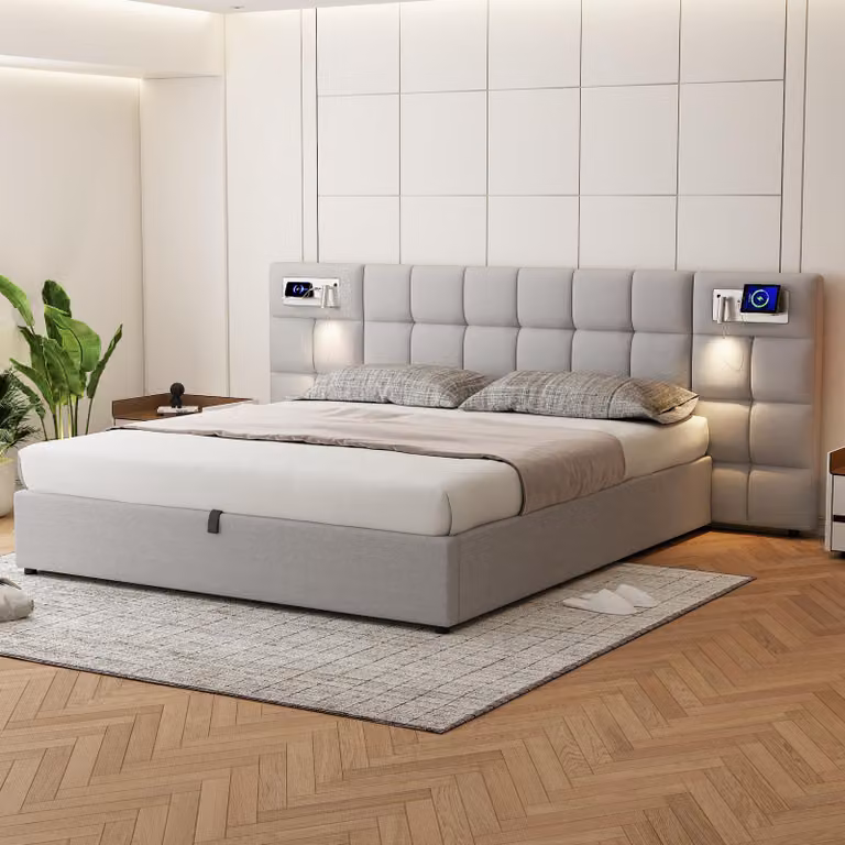 Letto imbottito STILVORA 180x200, letto per ragazzi con contenitore, letto matrimoniale con illuminazione, porta USB e ricarica wireless, grigio (con materasso)