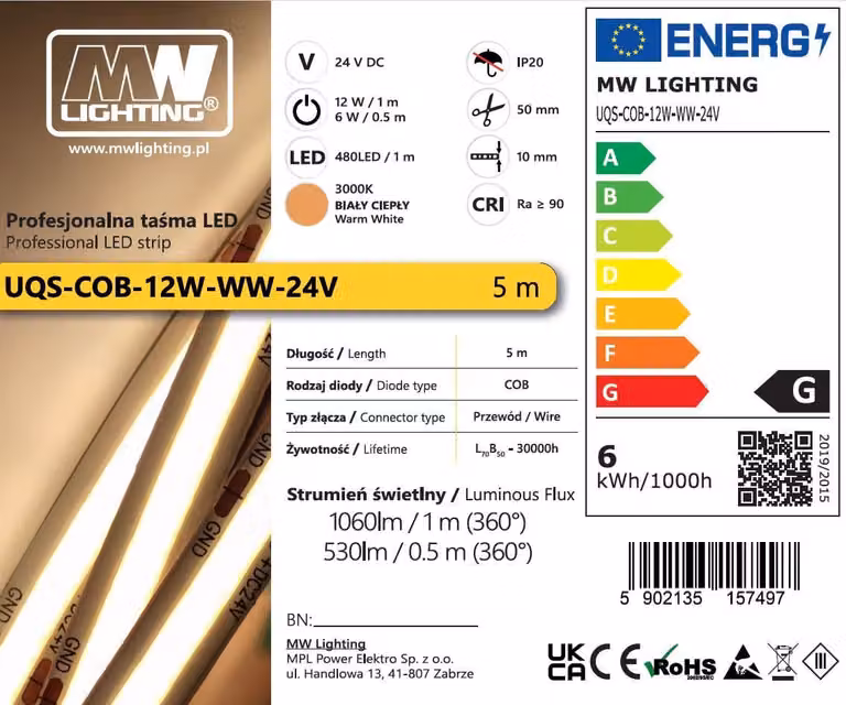 Striscia LED COB 12W 480 chip/m 24V bianco caldo 5m