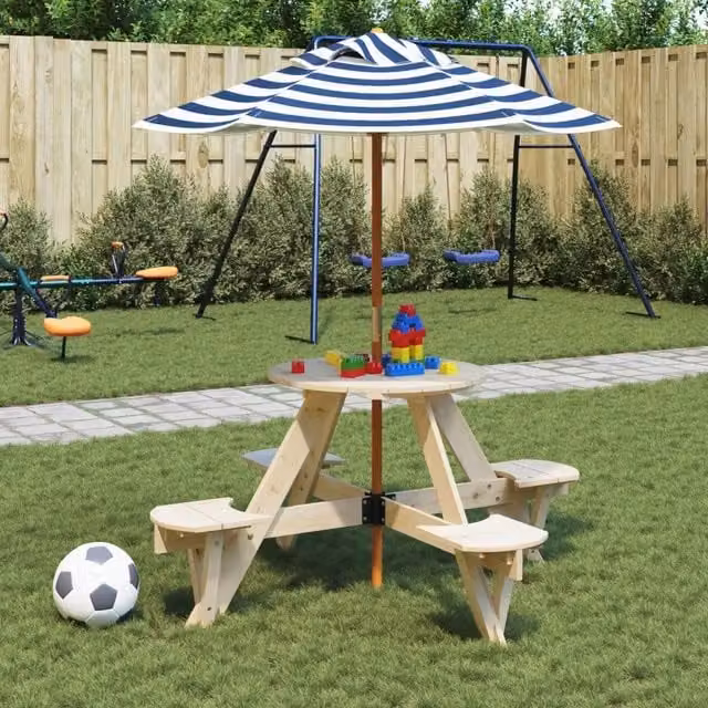 Tavolo da picnic per 4 bambini vidaXL in legno di abete con ombrellone rotondo blu e bianco L/P/H: 120 x 140 x 55 cm