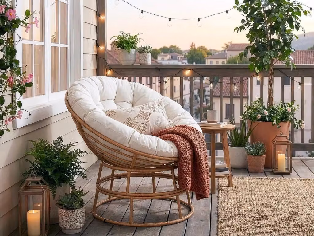 Poltrona Papasan Habitat in stile Bali con struttura in metallo e rattan, ideale per interni ed esterni, colore beige e marrone, Diametro: 91 cm – 2