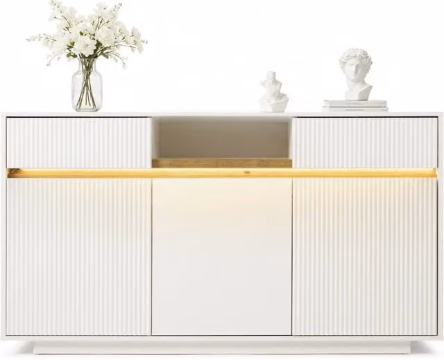 Credenza moderna con illuminazione LED in MDF bianco per soggiorno, camera da letto o cucina, L 140 x P 40 x H 85 cm – 1