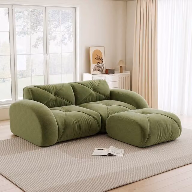 Divano modulare 2 posti con pouf in chenille e schiuma ad alta densità senza telaio per soggiorno verde familiare