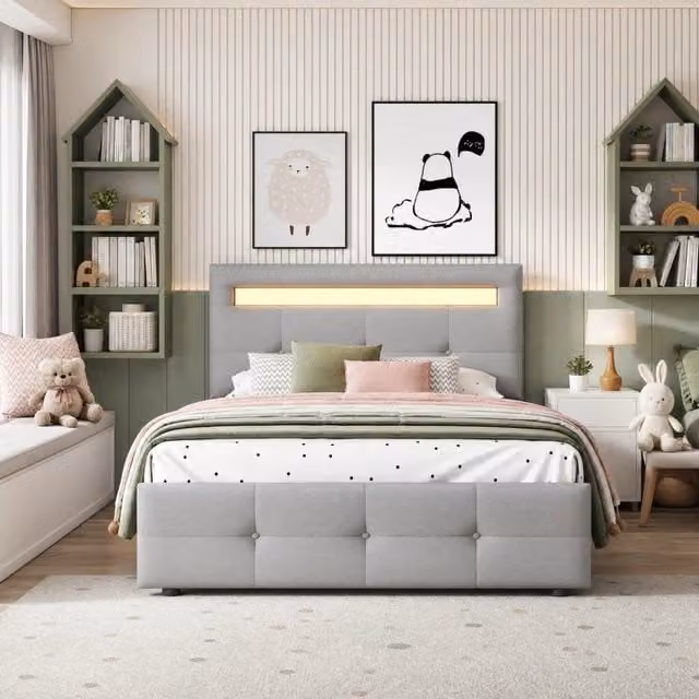 Letto singolo imbottito 90 × 200 cm con led due cassetti rete a doghe grigio portata fino a 150 kg