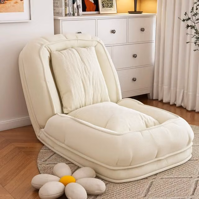 Divano letto pieghevole 180x90x26 cm avorio, 5 posizioni, tessuto/metallo, 2 cuscini