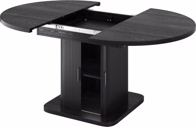 Tavolo da pranzo allungabile con contenitore 110-149,8 cm, piano ovale, ante scorrevoli e ripiano estraibile, nussbaum o nero