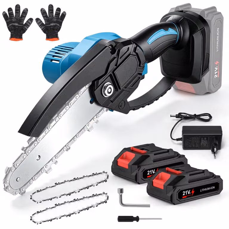 Troncatrice a catena elettrica mini – Seghetto elettrico a batteria – Lame da 15 cm – 2 batterie – Dispositivo portatile – Ideale per giardinaggio e lavorazione del legno