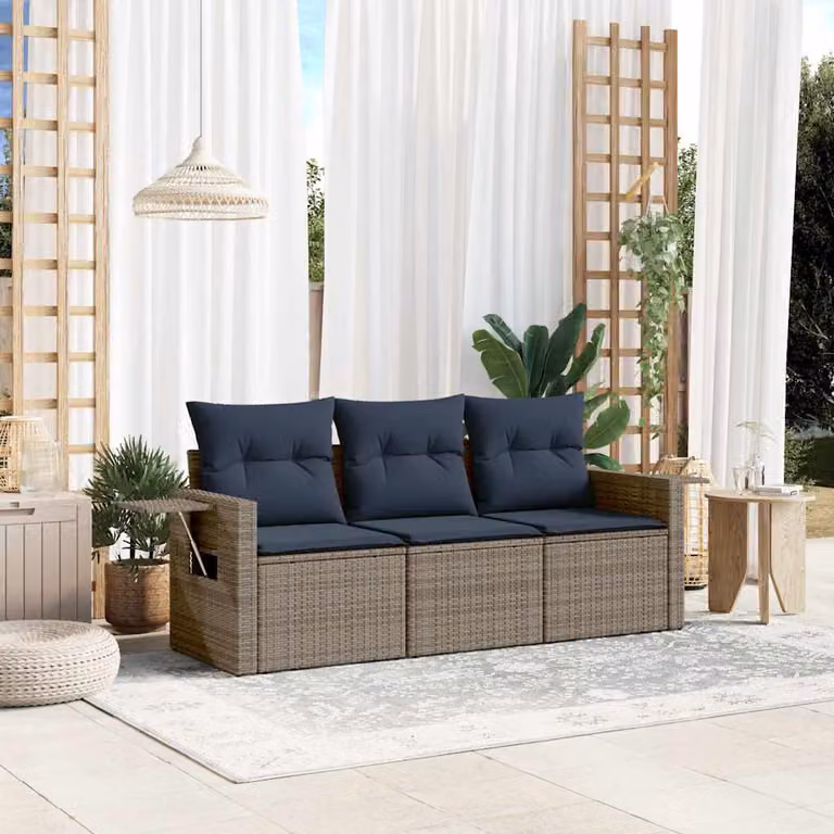 Set di divani da giardino vidaXL in rattan con cuscini grigi e blu e struttura in acciaio rivestito in polvere