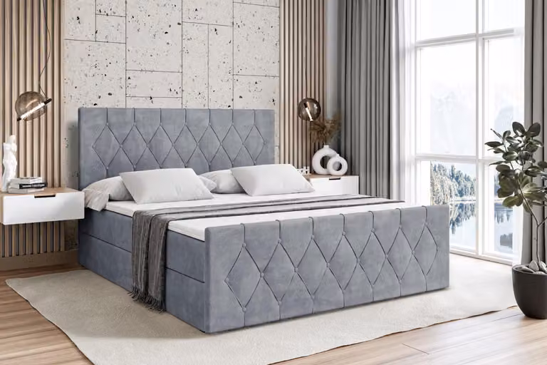 Letto boxspring ALTDECOR con materasso e rete a doghe - - VELANTO - 200x200 cm - Grigio velluto - Letto boxspring, pediera, topper, letto imbottito con contenitore, letto con contenitore H4 - Materasso, letto matrimoniale, letto boxspring