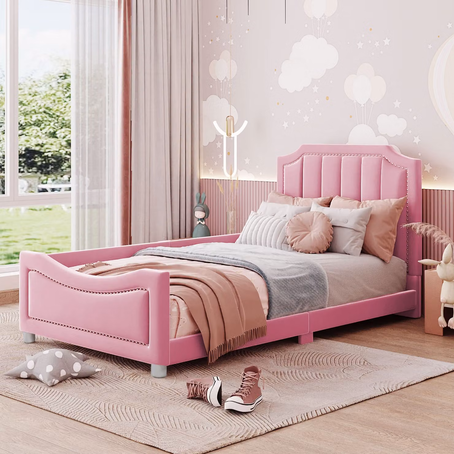 Letto imbottito Merax 90x200cm, letto per bambini in velluto con schienale, letto per ragazzi letto singolo letto per ospiti divano letto, rosa