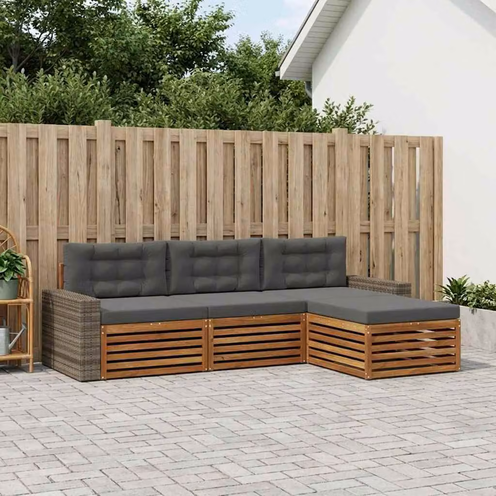 vidaXL Set di divani da esterno a L composto da 4 pezzi in legno di acacia con cuscini beige e antracite