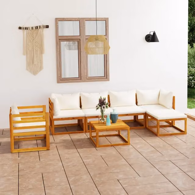 vidaXL Set Divani da Giardino 7 pz a L in Legno di Acacia con Cuscini Beige – 1
