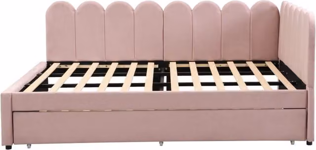 Divano letto angolare imbottito 140x200 cm con schienale floreale e letto estraibile in tessuto di velluto rosa