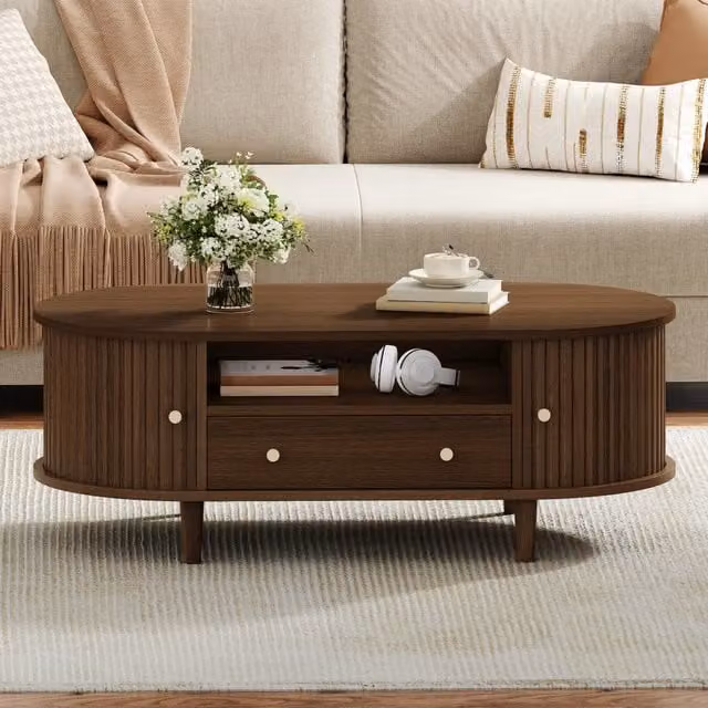 Tavolino da caffè ovale con 1 cassetto, vano aperto e anta scorrevole, per soggiorno, 100 × 50 × 36 cm, in MDF, noce
