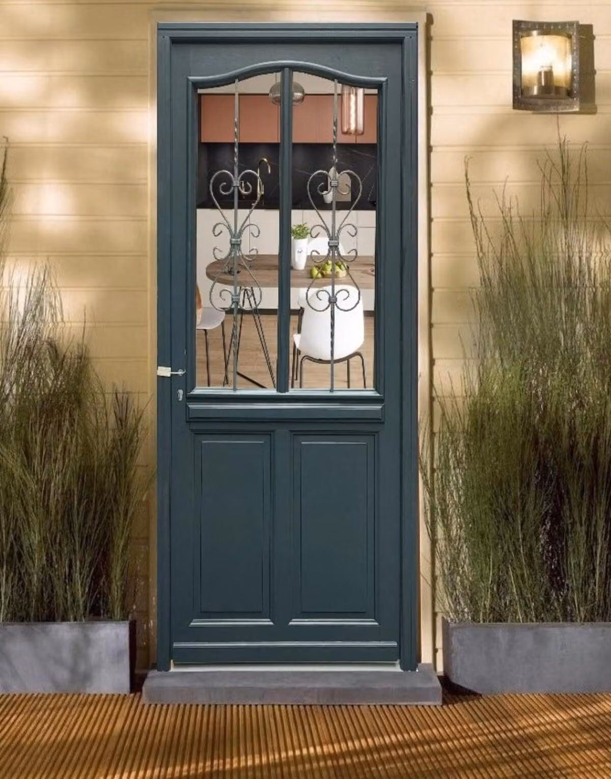 Porta d'ingresso in legno con vetro Sabrina grigio antracite, H.215xL.90 cm, lato tavolo, a destra, maniglia, cilindro grande, ferramenta