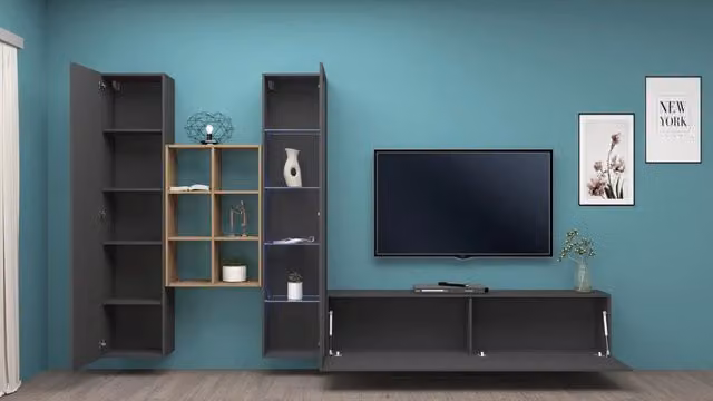 Parete attrezzata antracite moderna vetrina mobile TV libreria legno Rold RT