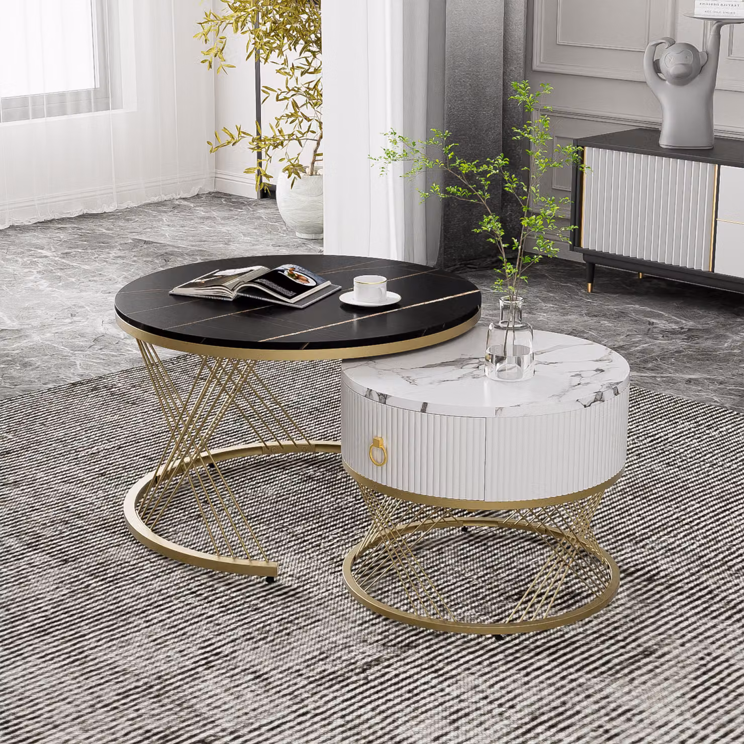 set di 2 tavolini in marmo con ripiano rotondo Ø70 x 45cm e Ø50 x 40cm, tavolino con cassetto e struttura in metallo dorato, tavolo da salotto tavolo da divano