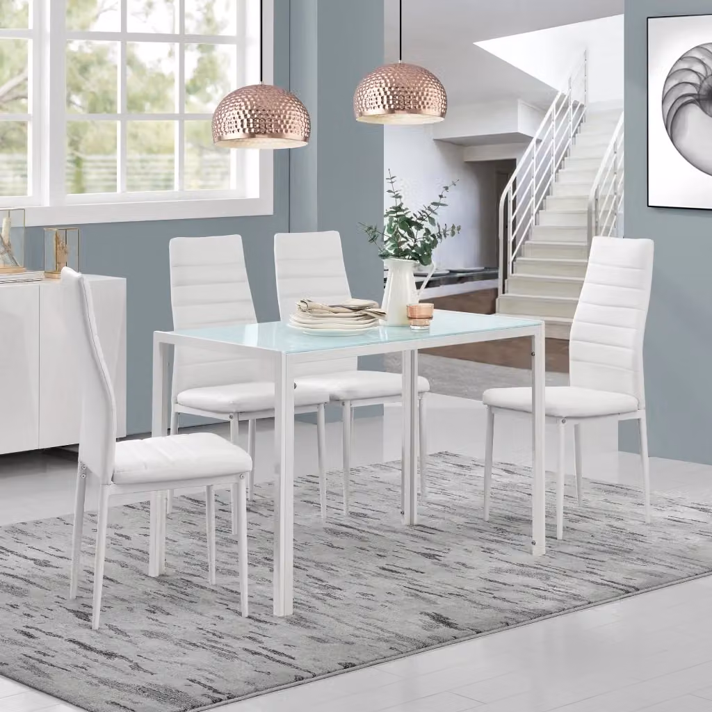 Set Tavolo da Pranzo Rettangolare con Piano in Vetro e 4 Sedie Imbottite in Similpelle Bianco en.casa – 2