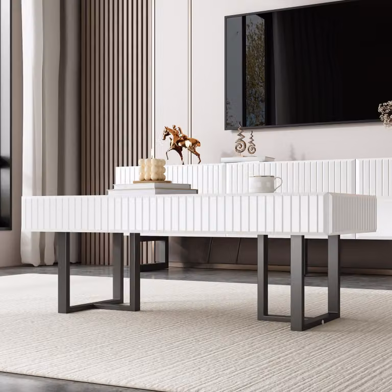 Set di mobili per soggiorno STILVORA, combinazione minimalista di tavolino da salotto e mobile TV, con diversi cassetti e ripiani aperti, finitura lucida