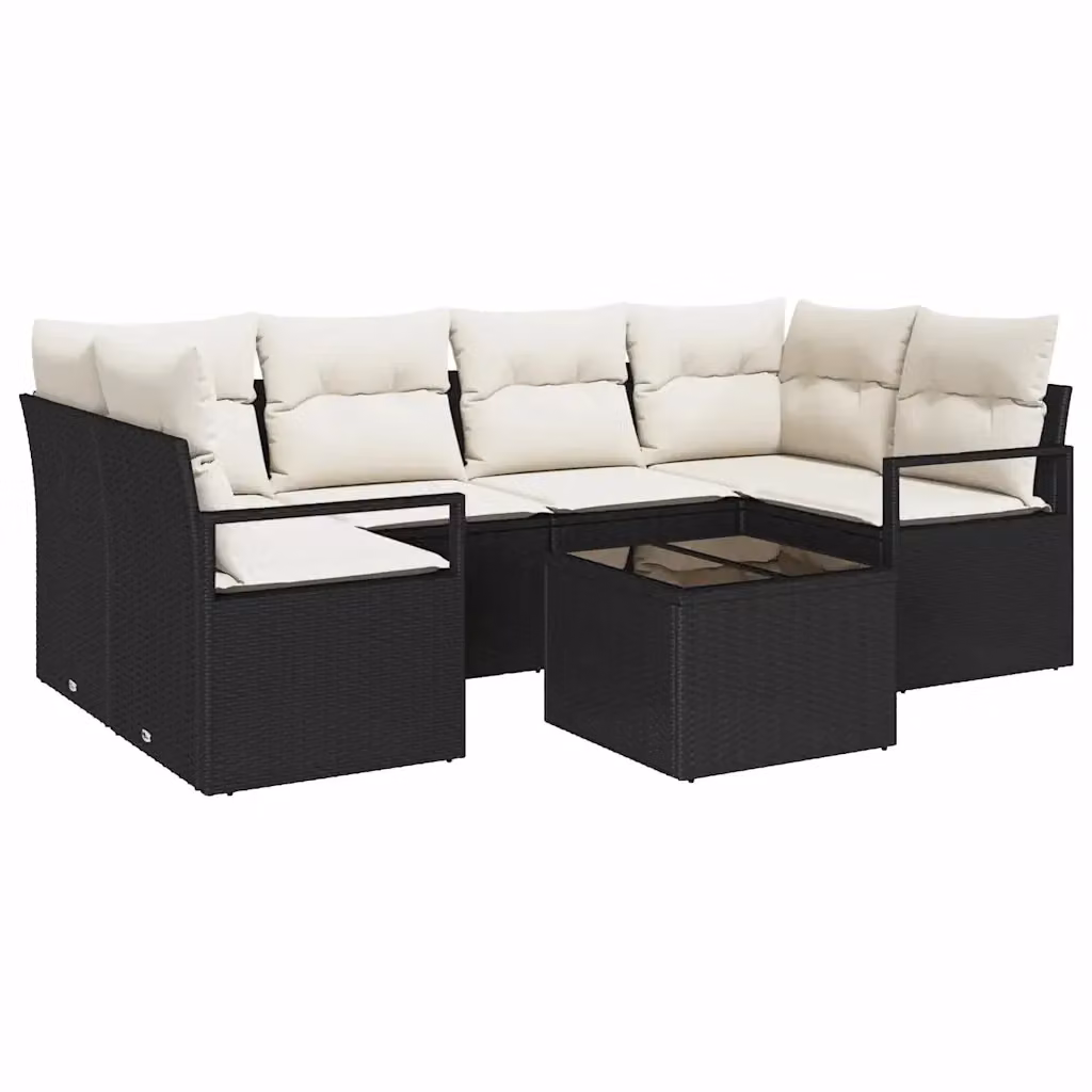 Set di divani da giardino vidaXL a forma di U composto da 7 pezzi con tavolo da caffè, colore nero e beige, in rattan e metallo con cuscini inclusi – 2