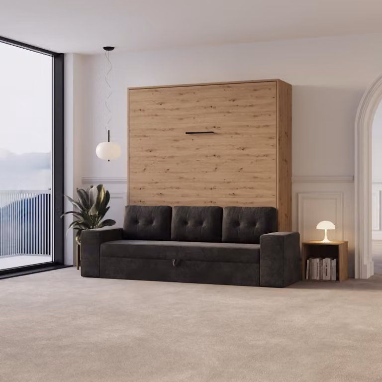 Letto a scomparsa M3 160x200 (profondità 55 cm) verticale Rovere selvatico con divano antracite