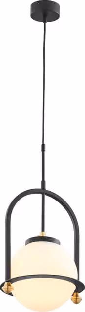 Lampada a sospensione Jupiter in stile industriale con globo in vetro bianco e struttura in metallo nero, attacco E27