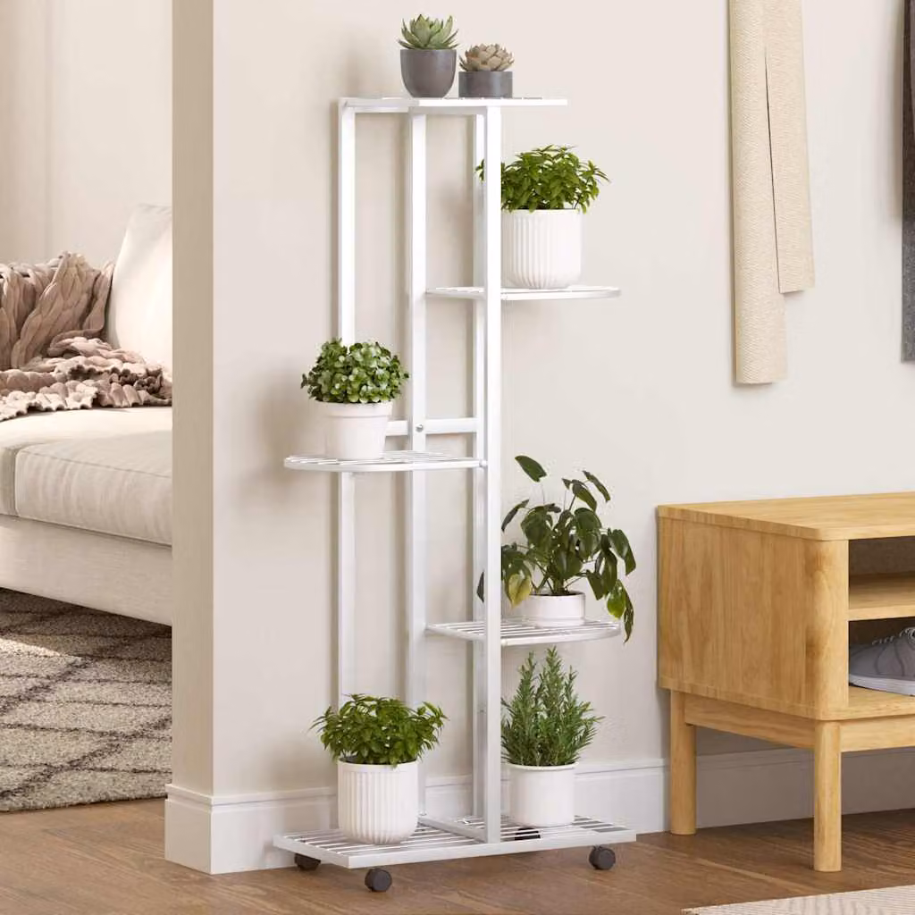 vidaXL Fioriera a 5 Piani con Ruote in Metallo Bianco L: 44 cm, P: 23 cm, H: 100 cm