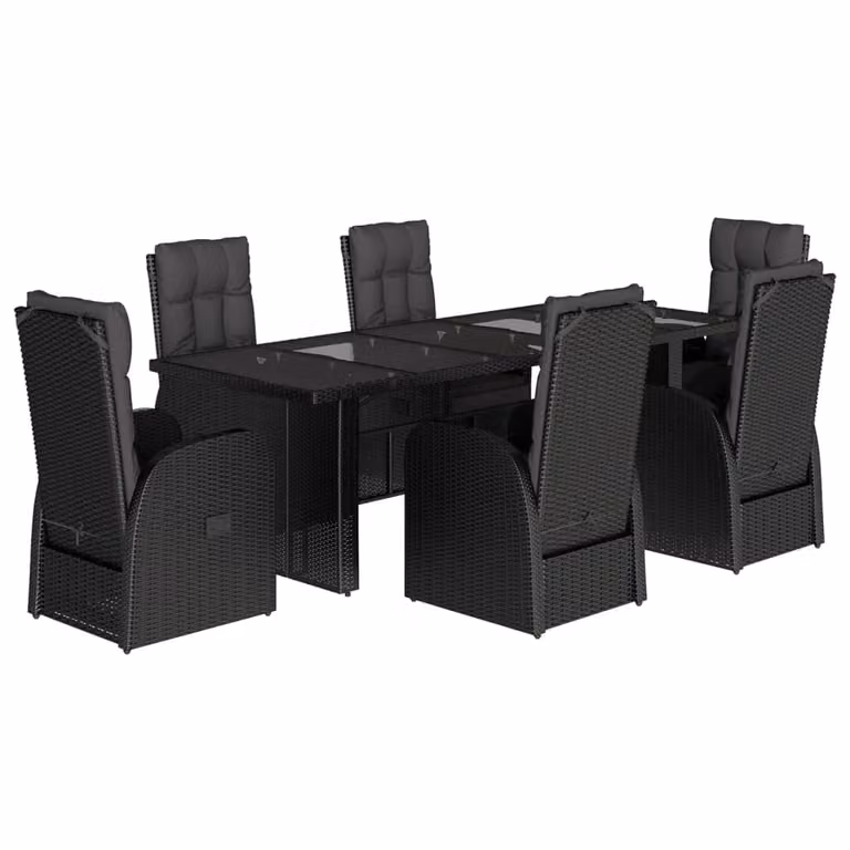Set da Pranzo da Giardino 7 pz Nero con Cuscini in Polyrattan
