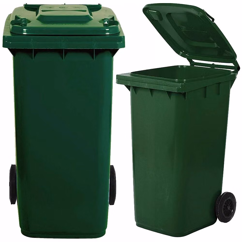 Bidone per raccolta differenziata carrellato Mobil Plastic verde da 240 litri con pedale e aste in plastica – 2