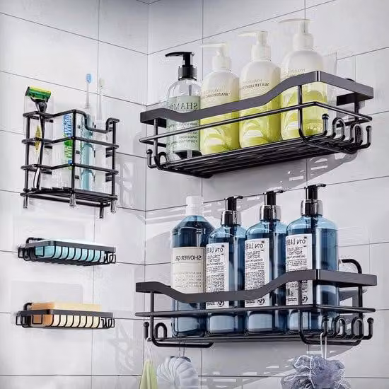 Organizer autoadesivi per cabina doccia - 5 pezzi - Nero - Acciaio inossidabile