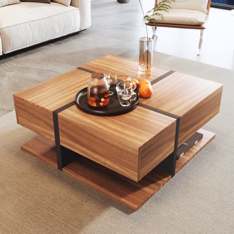 Tavolino Merax con cassetti nascosti, tavolino dal design geometrico, tavolo con ripiano e piedistallo, tavolo da soggiorno in legno + nero