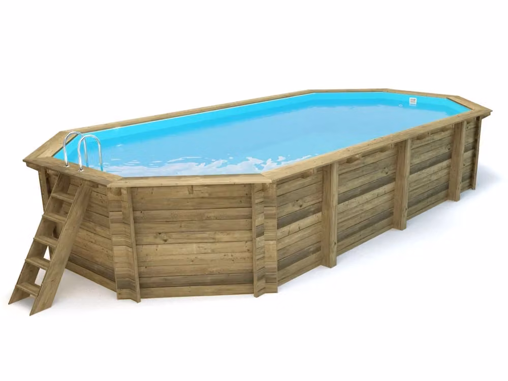 Piscina fuori terra ovale Sevilla in legno blu di Habitat et Jardin con pompa, filtro, copertura e scala L: 8,57 m, P: 4,57 m, H: 1,45 m – 2