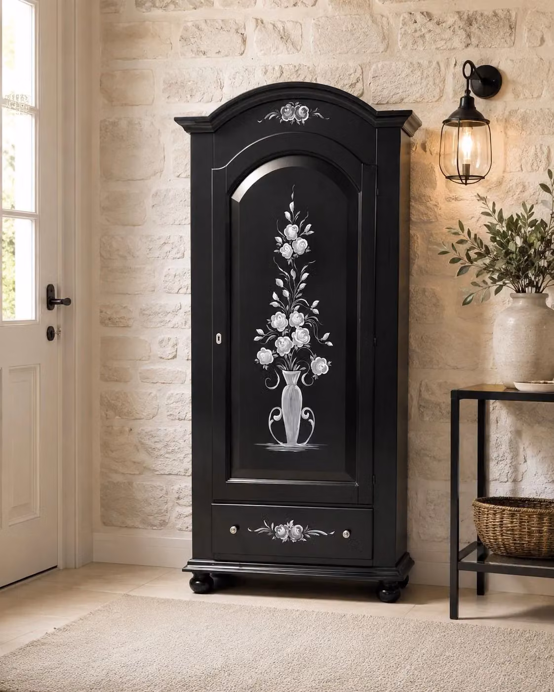 Armadio shabby chic con decori floreali Mobili 2G in legno nero opaco L: 96 cm, P: 56 cm, H: 196 cm – 3