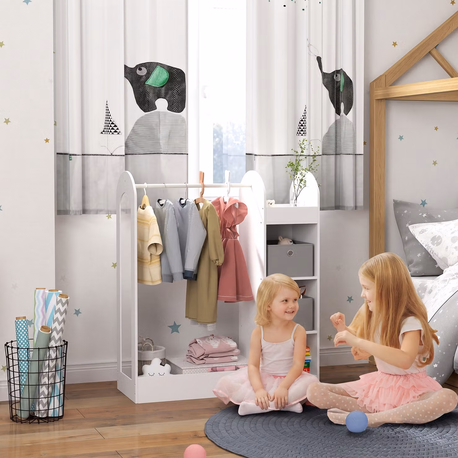 AIYAPLAY Appendiabiti per Bambini con Ripiani, Scatole, Asta e Specchio, Bianco – 2