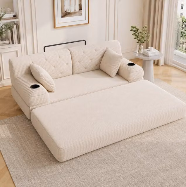 Divano letto ULEVR 168x80x81 cm in velluto a coste beige, schienale alto, 4 tasche laterali e 2 portabevande