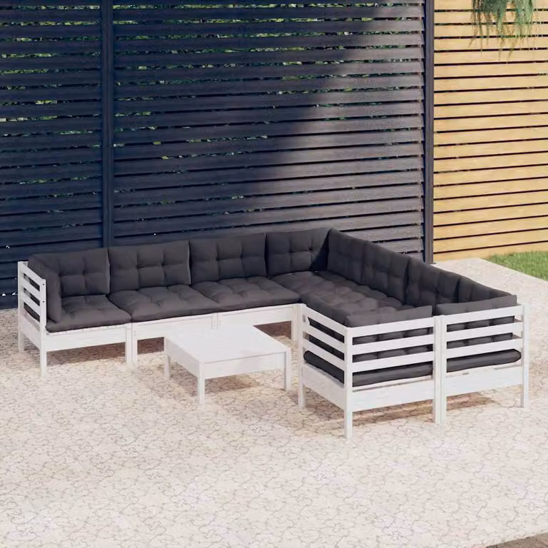 Set di divani da giardino vidaXL a forma di L composto da 9 pezzi in legno di pino trattato con cuscini bianchi e antracite