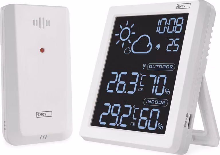 Stazione meteorologica EMOS con display VA e sensore esterno wireless, previsioni del tempo, orologio, sveglia, Comfort View, cavo USB da 1,5 m, bianco, E8647W