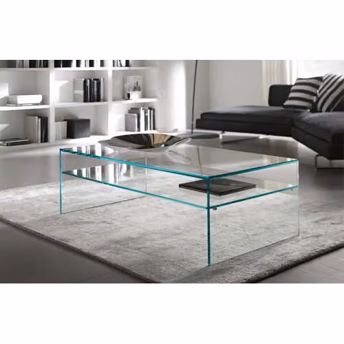 Tavolino basso Fratina di Tonelli Design in vetro trasparente e bronzo, disponibile in versione quadrato o rettangolare, L/P/H: 90 x 50 x 40 cm