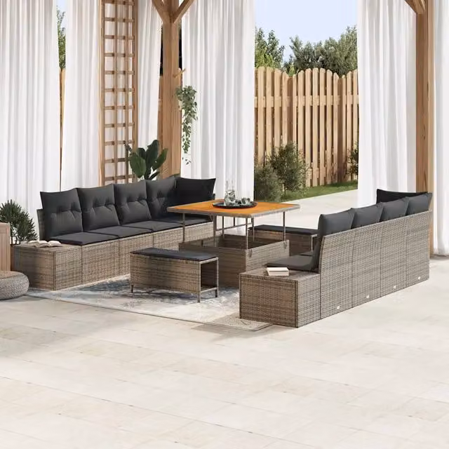 Set Divano da Giardino a Forma di U con Tavolino e Ottoman vidaXL in Rattan Grigio con Cuscini e Struttura in Acciaio – 1